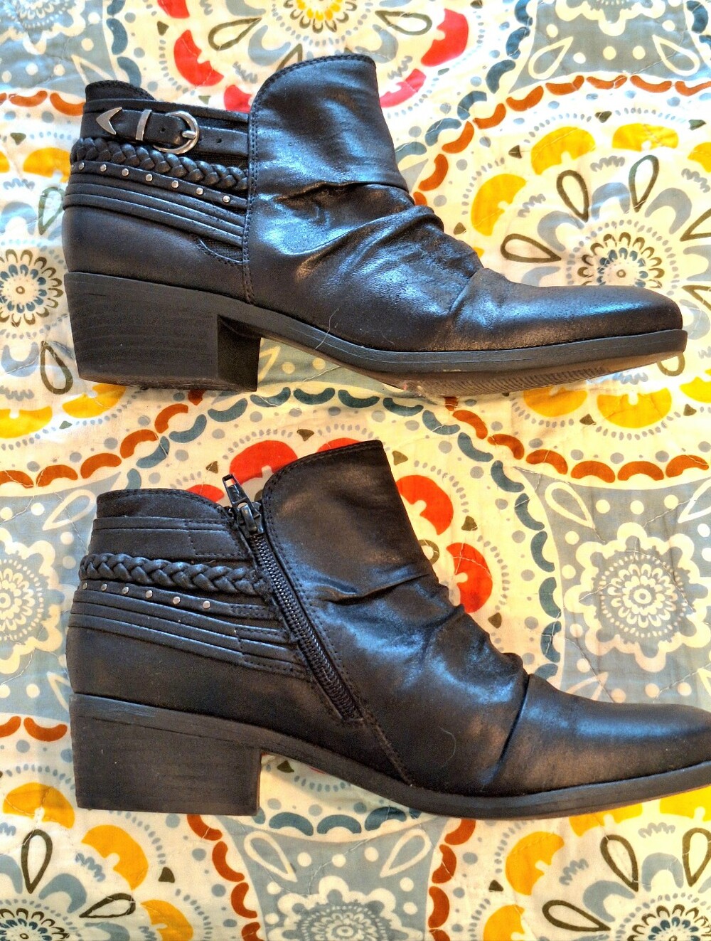 Women’s Baretraps Black Ankle Boots with Studs and Braided Trim